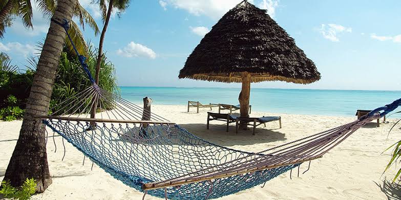 Hammock and thatched parasol on a white-sand Zanzibar beach