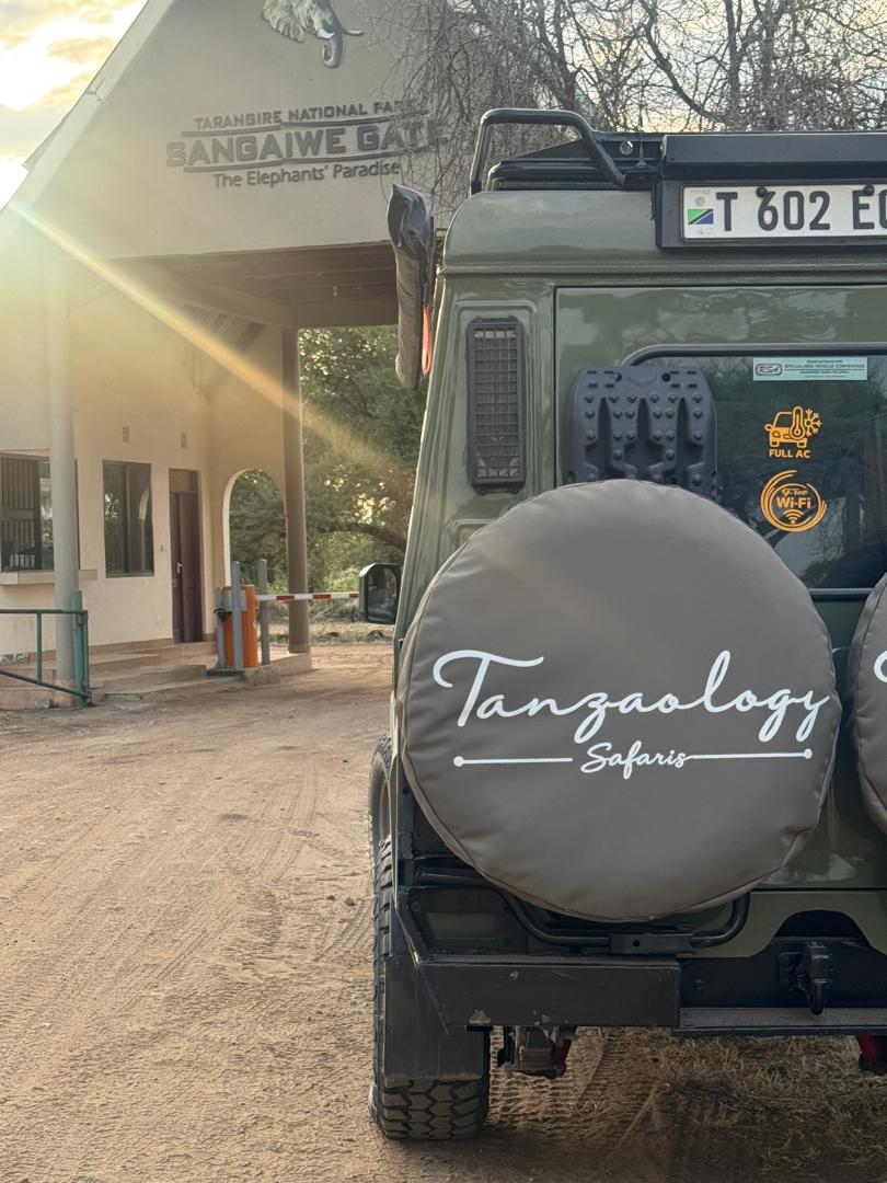 Tanzaology Safaris logo on a Land Cruiser spare wheel cover